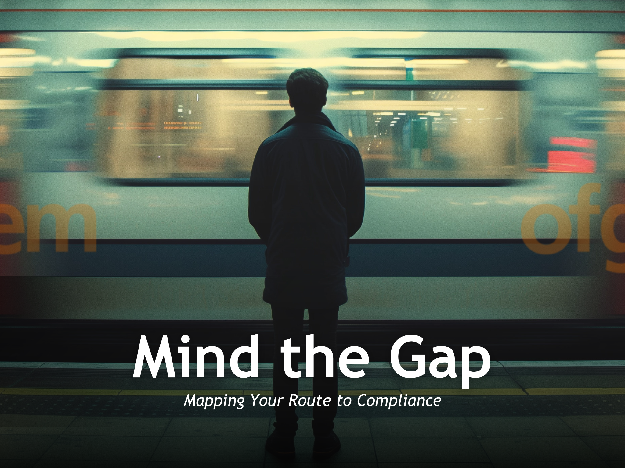 Mind the Gap text with an image of a man stood on an underground platform, looking at an Ofgem train going by. The idea is that we are supporting clients to ensure they are able to mind the gap and stay on track with their compliance.
