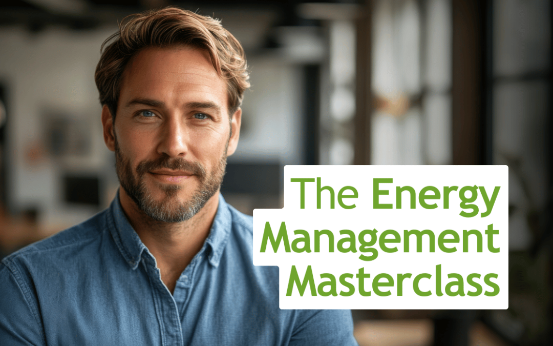 Image of male professional as a result of attending our Energy Management Masterclass, with text that says 'The Energy Management Masterclass'.