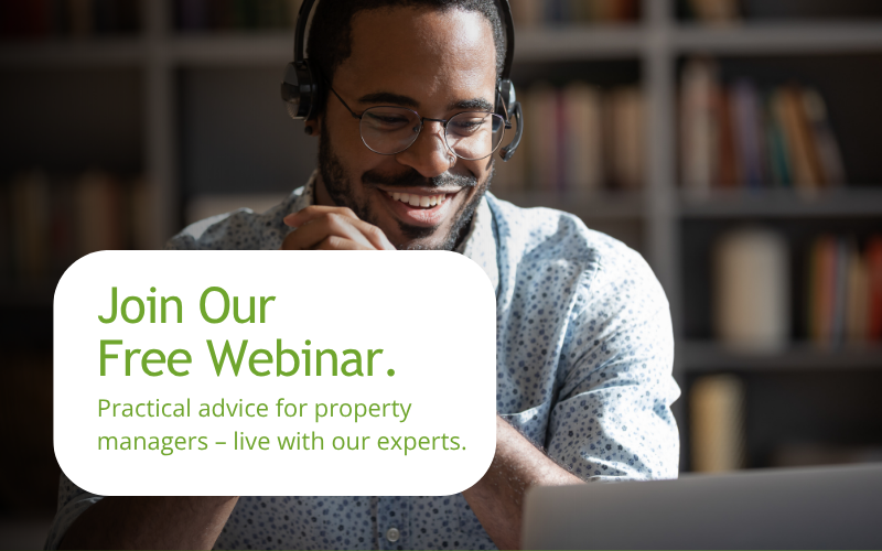 Image of a man smiling during our Energy Procurement Webinar with text overlayed that says 'Join Our Free Webinar: Practical advice for property managers – live with our experts.'