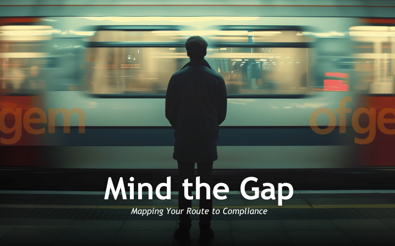 Mind the Gap text with an image of a man stood on an underground platform, looking at an Ofgem train going by. The idea is that we are supporting clients to ensure they are able to mind the gap and stay on track with their compliance.